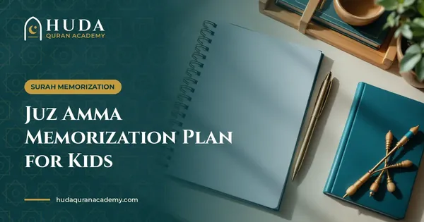 Planner notebook with checkbox grid, gold pen, small teal book and tasbih