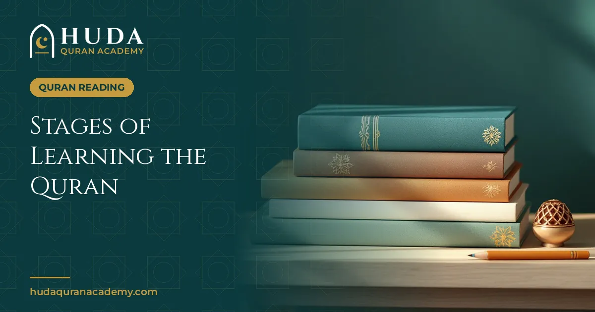 Stack of closed teal, ivory and gold books on a wooden desk with a pencil