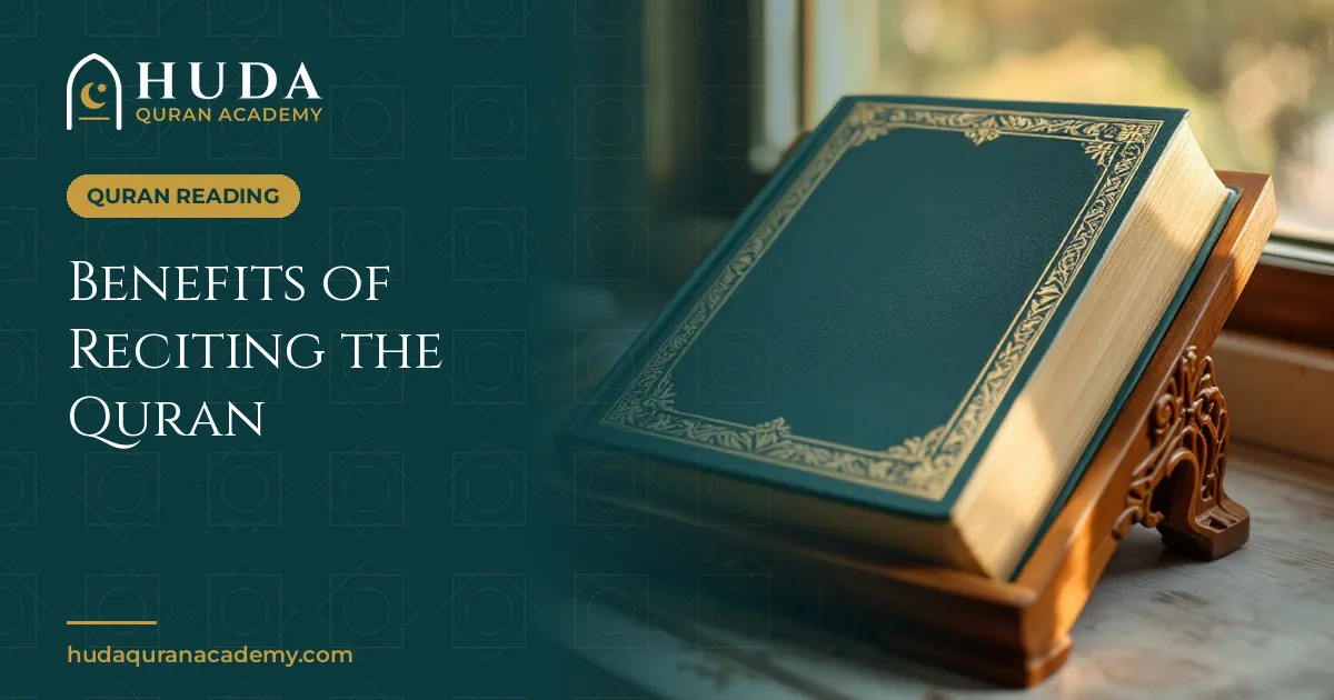 Closed Quran with a teal cover on a carved wooden rehal by a sunlit window
