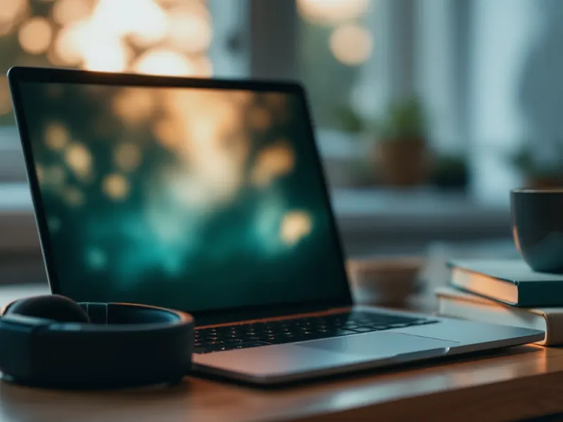 Laptop with headphones and a teal book on a study desk, set up for a one-to-one Zoom Quran class